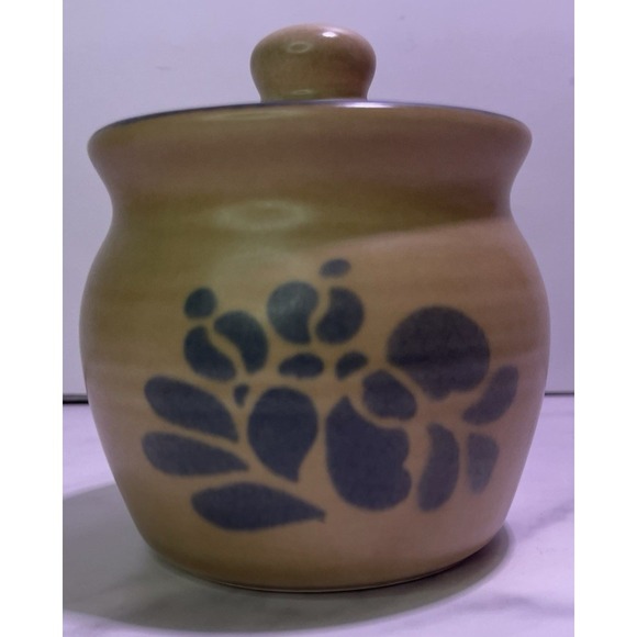EUC Pfaltzgraff Blue Tan FOLK ART‎ Stoneware Sugar Bowl Crock W/ Lid Vintage USA - Picture 2 of 6